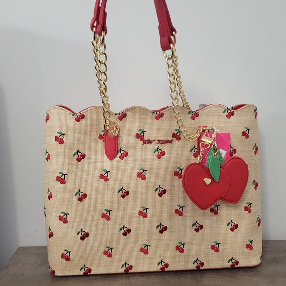 Betsey Johnson cherry print tote bag with charms - Picture 2 of 8